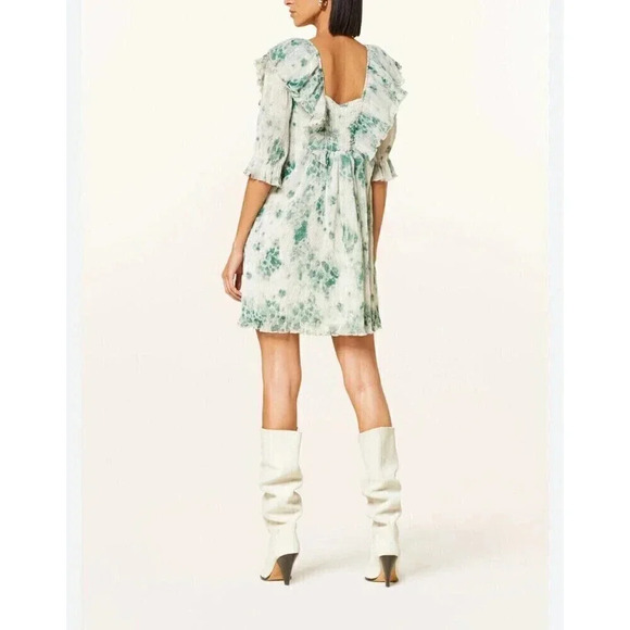 GANNI floral-print plissé-georgette minidress Size Small 4/6 Green And Cream - Picture 2 of 10